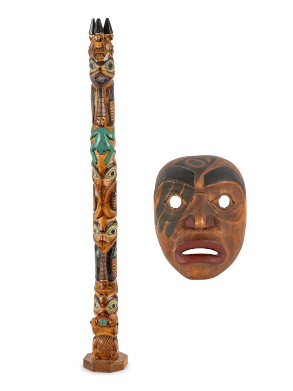 Northwest Coast Carved Model Totem Pole and Mask (1 of 4)