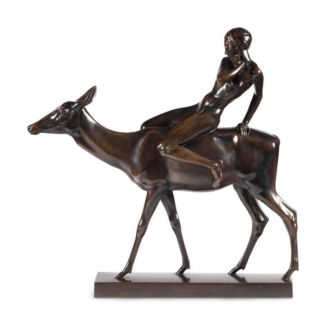 Heinrich Karl Scholz (Austrian, 1880-1937) Figure with Deer, 1920: Heinrich Karl Scholz (Austrian, 1880-1937) Figure with Deer, 1920 bronze signed H.K. Scholz and dated on base H 27 1/2 x L 27 inches. Property from the Collection of Joan Spain