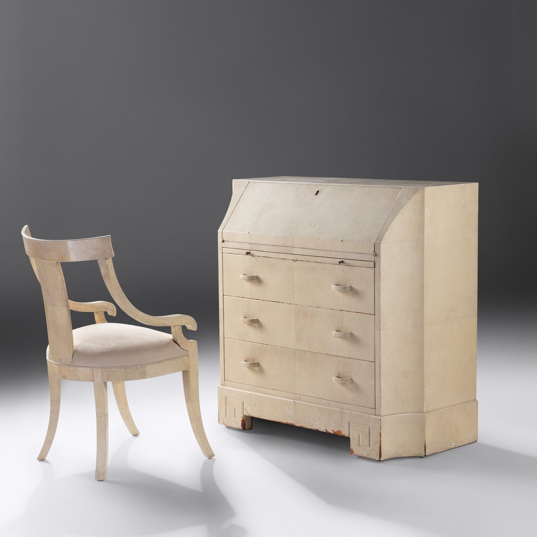 Samuel Marx (1885-1964) Drop-Front Desk and Chair, c. 1943 William J. Quigley, USA: Samuel Marx (1885-1964) Drop-Front Desk and Chair, c. 1943 William J. Quigley, USA crackle lacquer over wood, silver leaf, lacquered vellum over wood, upholstery with manufacturer's impressed stamp De