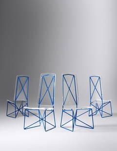 Arturo Pani (1915-1981) Set of Four Prototype Dining Chairs, c. 1965 Talleres Chacon, Mexico: Arturo Pani (1915-1981) Set of Four Prototype Dining Chairs, c. 1965 Talleres Chacon, Mexico enameled steel, acrylic H 41 x W 17 1/2 x D 24 inches Provenance: Manuel Chacon, Mexico City | Chic by Acci