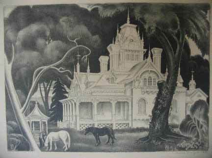 MABEL DWIGHT, (AMERICAN 1876-1955), OLD AMERICAN MA: MABEL DWIGHT (AMERICAN 1876-1955) OLD AMERICAN MANSION 1934, edition of 10 (?). Pencil signed and dated in the margin; George Miller, printer, on the Works of Art Project. Lithograph. 11 x 15 5/1