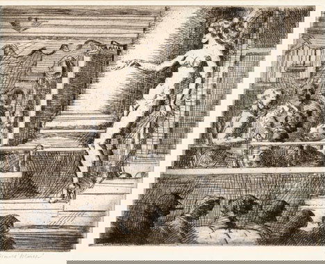 REGINALD MARSH, (AMERICAN 1898-1954), STRIPTEASE I: REGINALD MARSH (AMERICAN 1898-1954) STRIPTEASE IN NEW JERSEY 1951, edition of 250. Pencil signed in the margin; Associated American Artists, New York, publisher. Etching. 7 7/8 x 10 1/16 in.