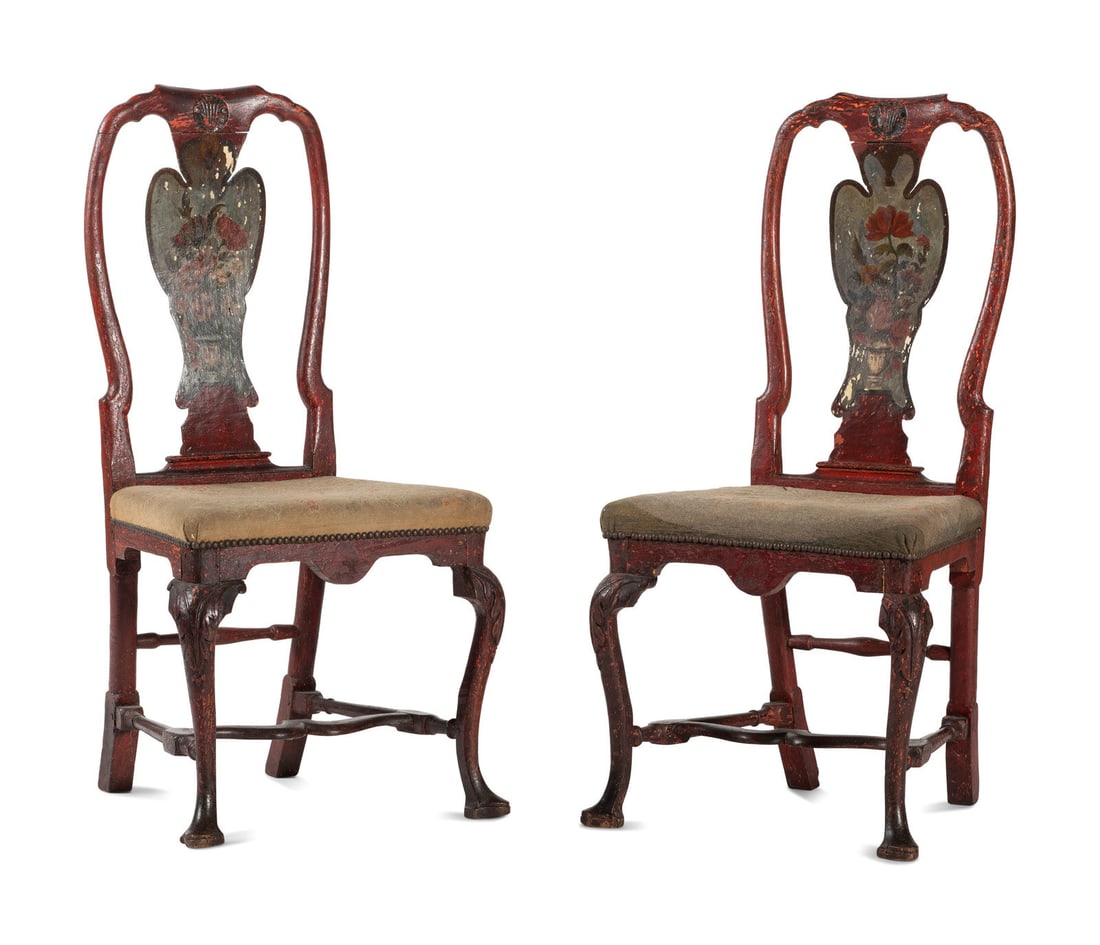 A Pair of Dutch Rococo Shell-Carved, Red Painted and Polychrome Decorated Side Chairs (1 of 3)