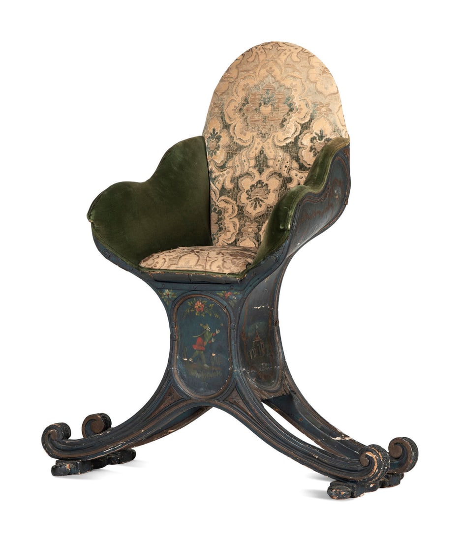 A Venetian Blue and Polychrome Decorated Parcel Gilt and Carved Wood Gondola Chair (1 of 5)