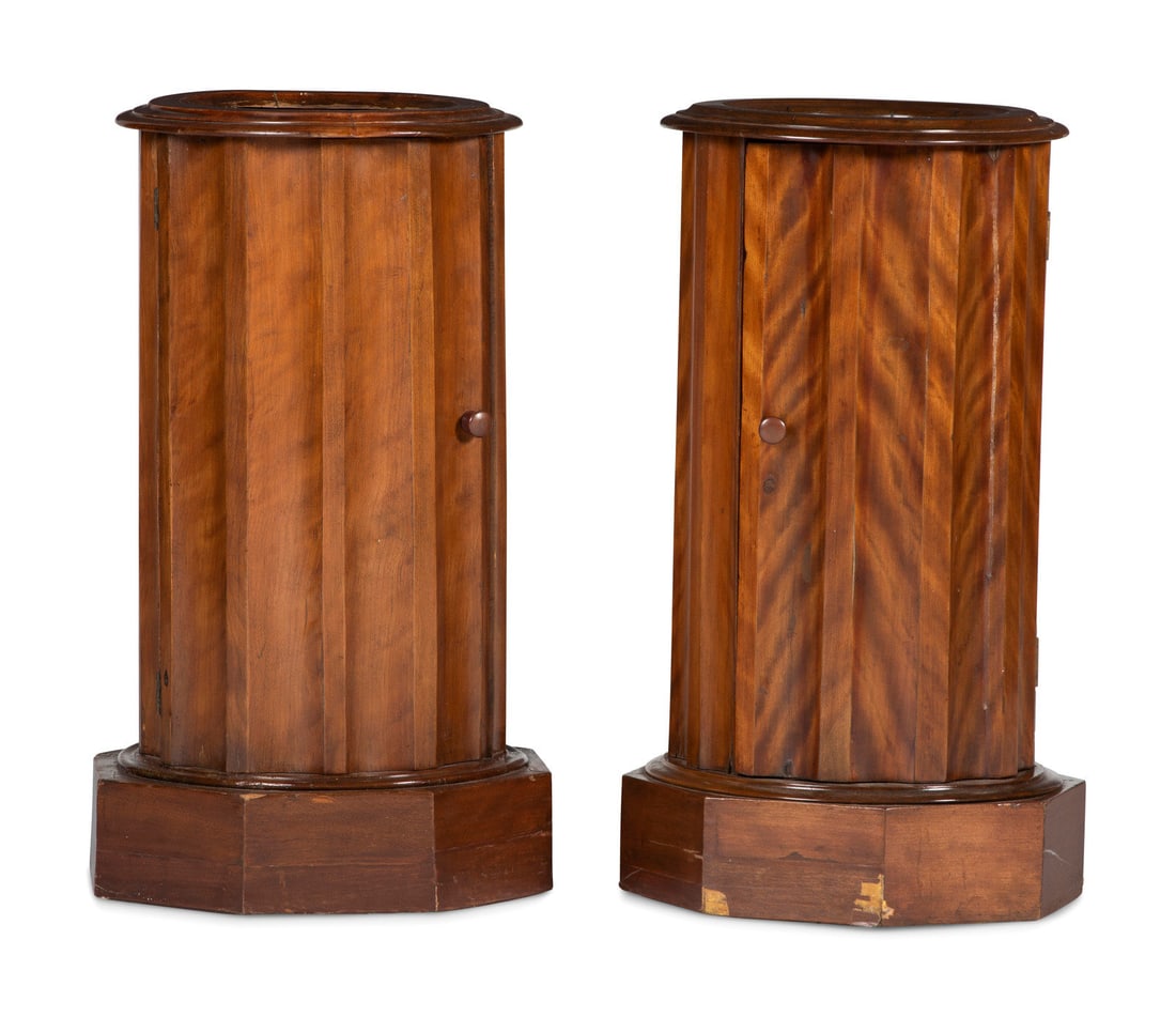 A Matched Pair of Regency Style Marble-Inset Figured Birch Column-Form Pot Cupboards (1 of 3)