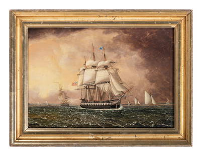 James E. Buttersworth (British, 1817-1894): James E. Buttersworth (British, 1817-1894) Old Ironsides off Long Island oil on panel signed J E Buttersworth, lower right 8 1/2 x 12 1/4 inches.