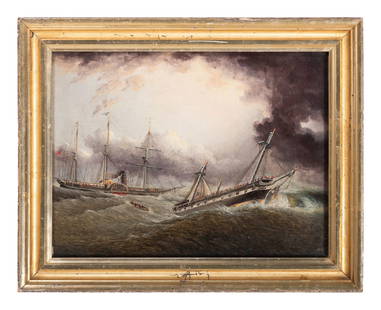 Attributed to James E. Buttersworth (British, 1817-1894): Attributed to James E. Buttersworth (British, 1817-1894) Steamship Washington Assisting the Winchester oil on panel unsigned inscribed Steamship 'Washington,' Capt. Fitch rescuing passengers of the sh