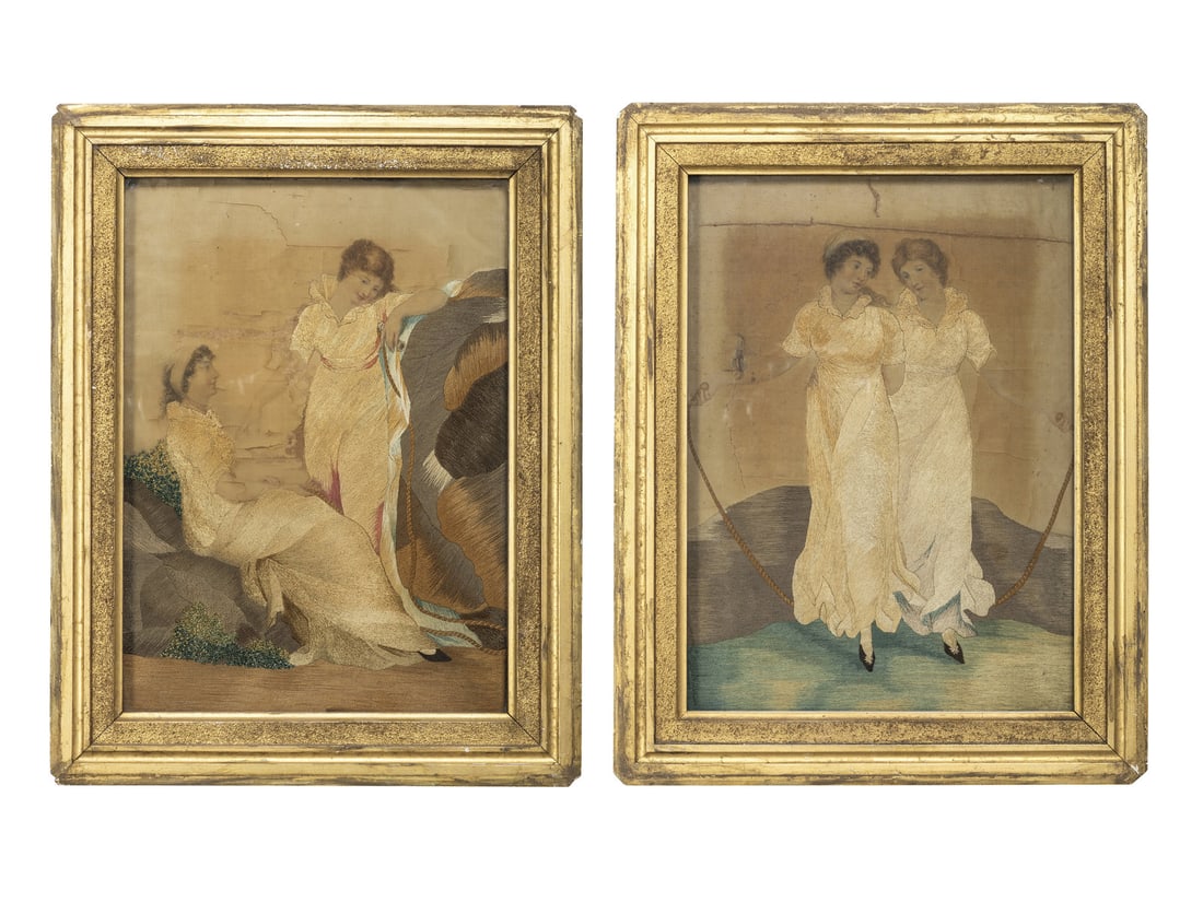 A Pair of Figural Goldwork Embroidered Pictures of Girls with a Jump Rope (1 of 5)
