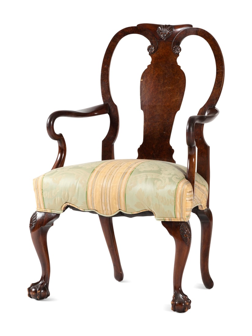A George II Style Burl-Walnut Shepherd's Crook Claw-and-Ball Foot Armchair (1 of 4)