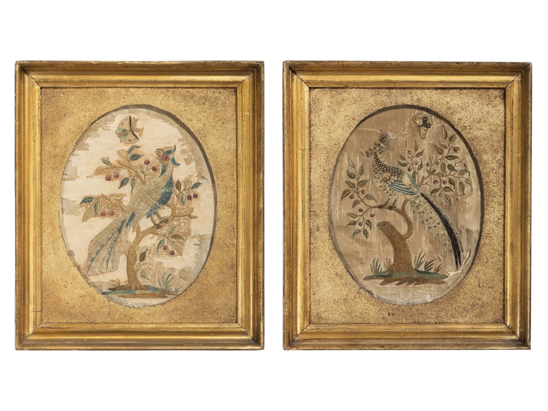 A Pair of Needlework Embroidered Pictures of Perched Birds with Butterflies (1 of 5)