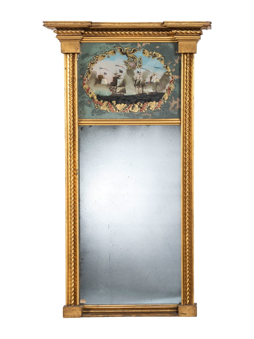 A Federal Giltwood and Eglomise 'Perry's Victory on Lake Erie' Mirror: A Federal Giltwood and Eglomise 'Perry's Victory on Lake Erie' Mirror Circa 1815-1820 41 3/4 x 22 3/4 inches. Provenance: Leon F. S. Stark Antiques, Philadelphia, Pennsylvania, 1971.