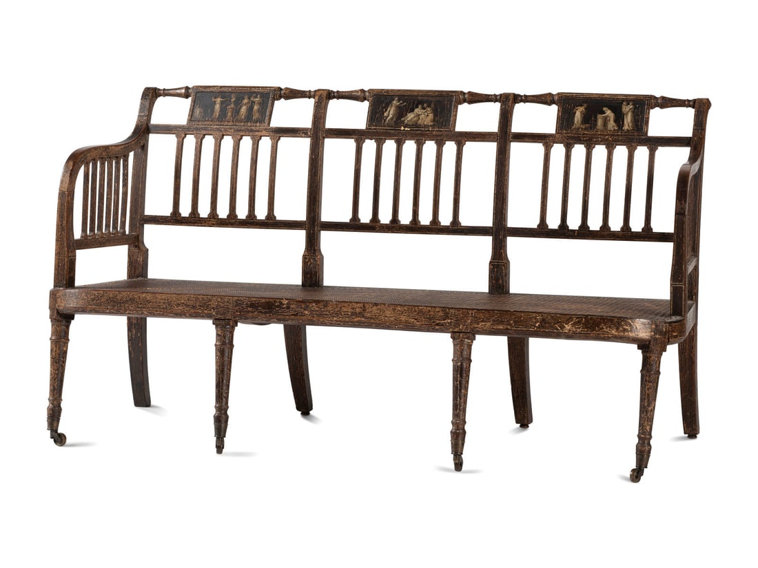 A Regency Grain and Figural Painted Cane-Upholstered Settee (1 of 7)