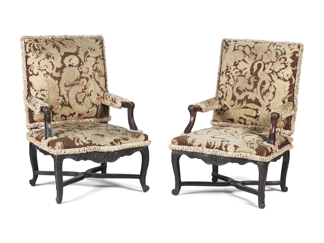 A Pair of Louis XV Style Carved Walnut Needlepoint Upholstered Fauteuils (1 of 4)