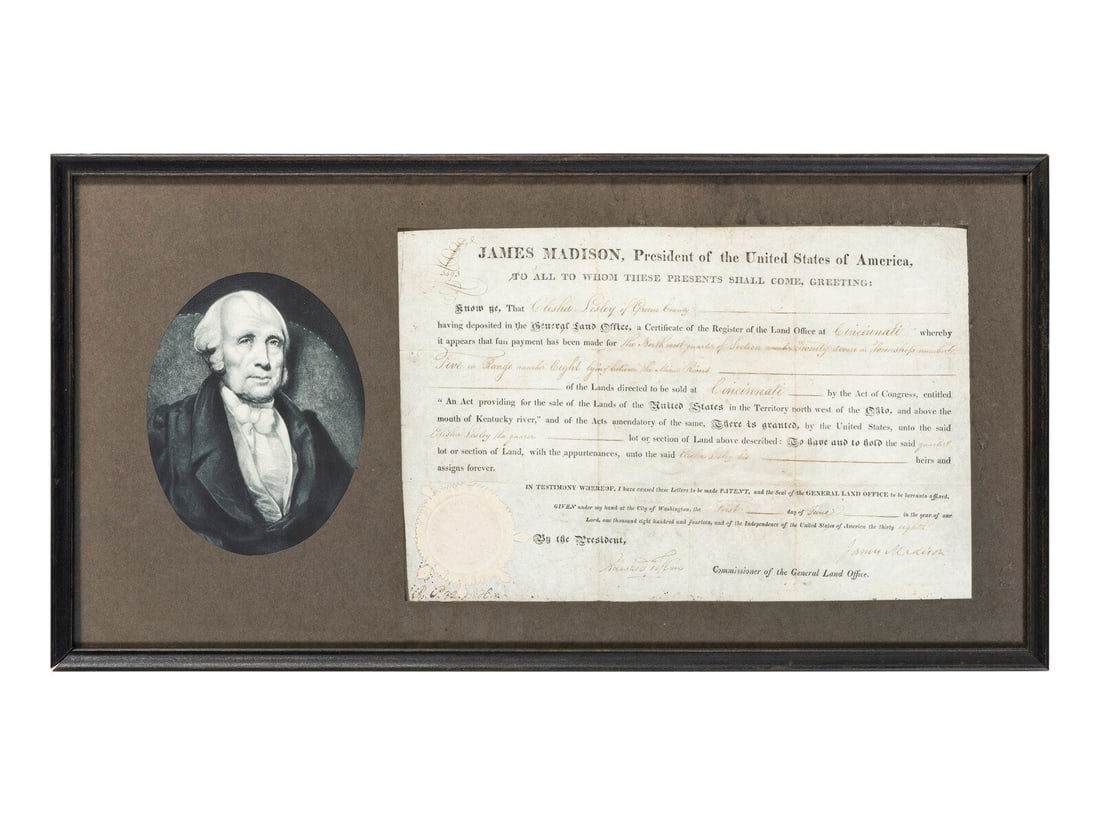 MADISON, James (1751-1836). Partly printed document signed ("James Madison"), as President of the (1 of 3)