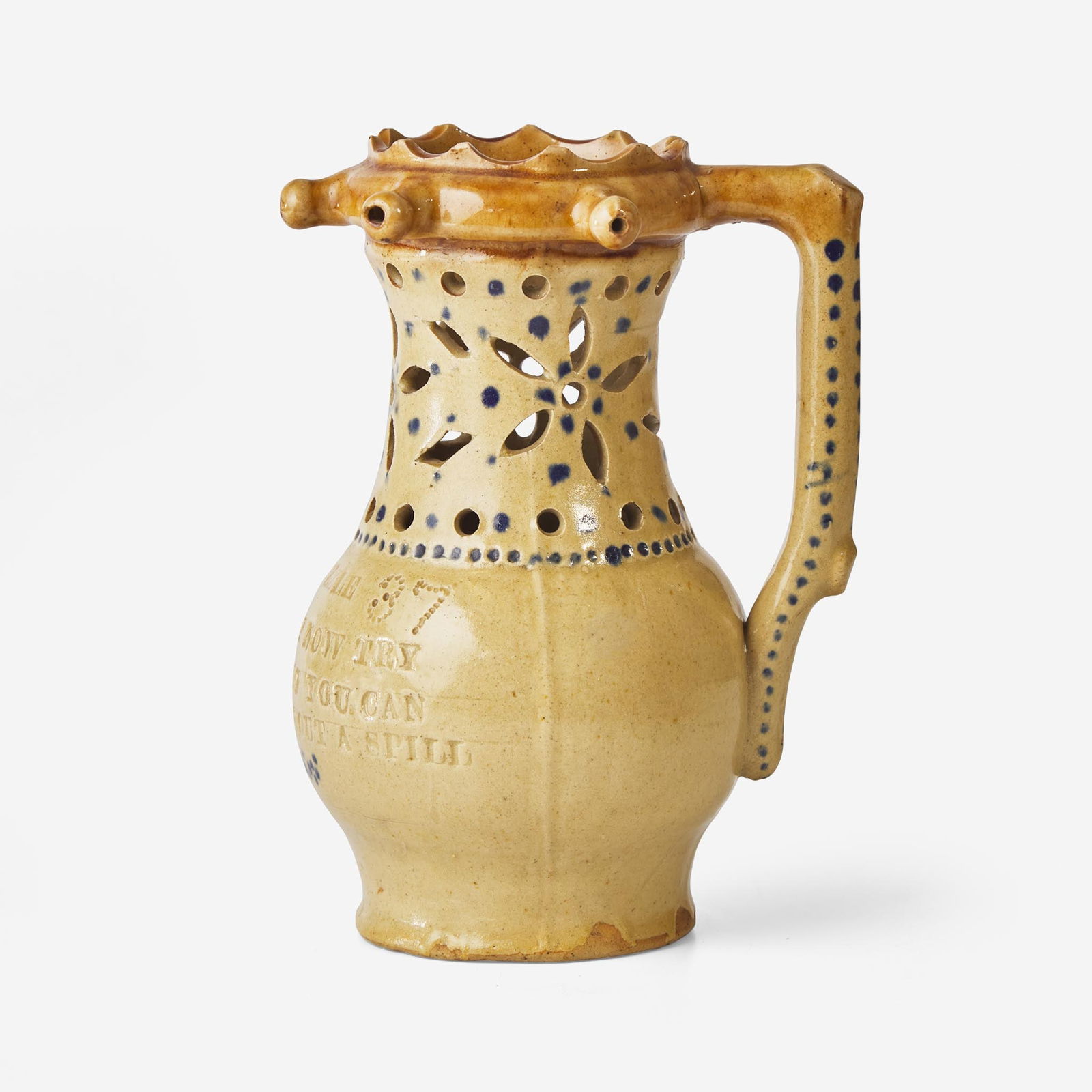 An English glazed and cobalt-decorated and dated stoneware puzzle jug, dated "1837" (1 of 2)