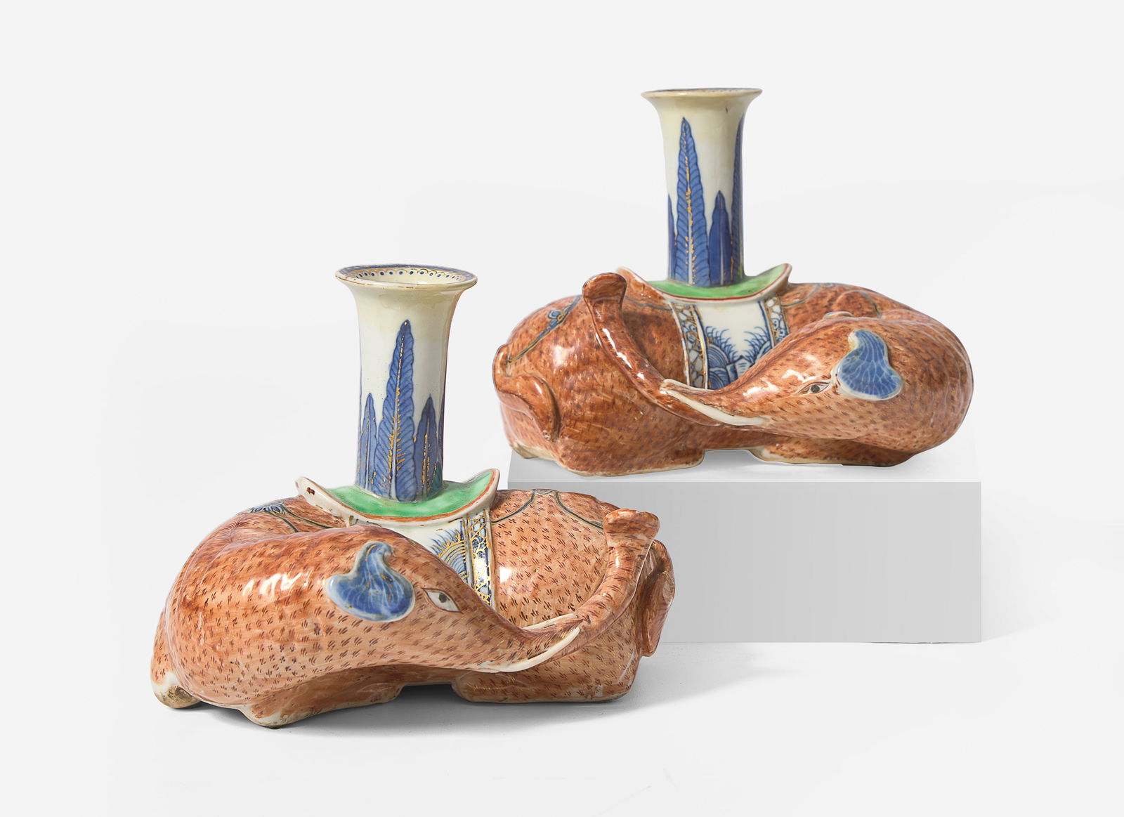 A rare pair of Chinese Export porcelain recumbent elephant candle holders, early 19th century (1 of 1)