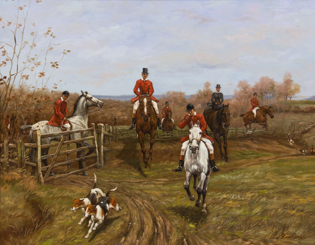 Leo Rawlings, (British, 1918-1984), On the Hunt: Leo Rawlings (British, 1918-1984) On the Hunt oil on board signed Leo Rawlings (lower right) 16 x 20 inches.