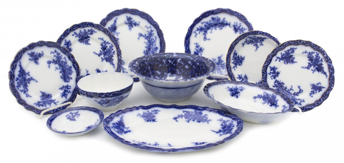 A Collection of Seventy English Porcelain Flo Blue: A Collection of Seventy English Porcelain Flo Blue Articles, Stanley and Co., mainly in the Touraine pattern, comprising 13 dinner plates, 12 luncheon plates, 10 salad plates, 8 saucers, 12 berry bowl