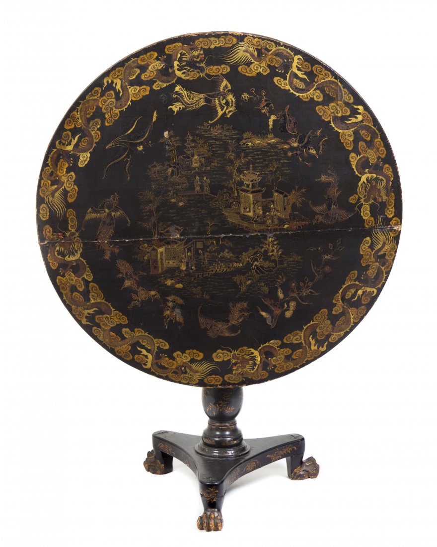 A Regency Style Tilt-Top Tea Table, Height 36 x wi: A Regency Style Tilt-Top Tea Table, having a circular top with painted Japanese motif, over a turned standard on a triangular base supported by bronze claw feet. Height 36 x width 49 1/4 inches.