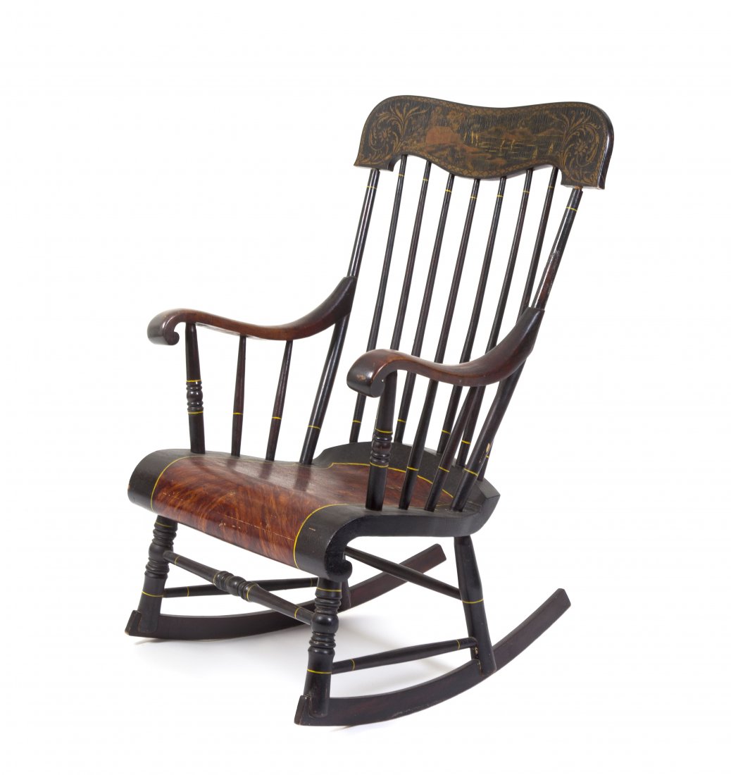 An American Painted Mahogany Windsor Rocking Chair: An American Painted Mahogany Windsor Rocking Chair, having a horizontal crest rail decorated with a lake scene above spindled supports over the shaped seat with faux grain paint, raised on turned legs