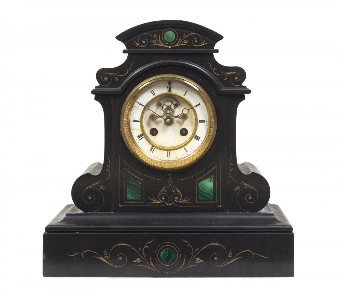 A Victorian Malachite Inlaid Slate Mantel Clock, H: A Victorian Malachite Inlaid Slate Mantel Clock, having a stepped domed top over the circular dial with Roman numerals, raised on a plinth base, having an L. Marti time and strike movement. Height 12