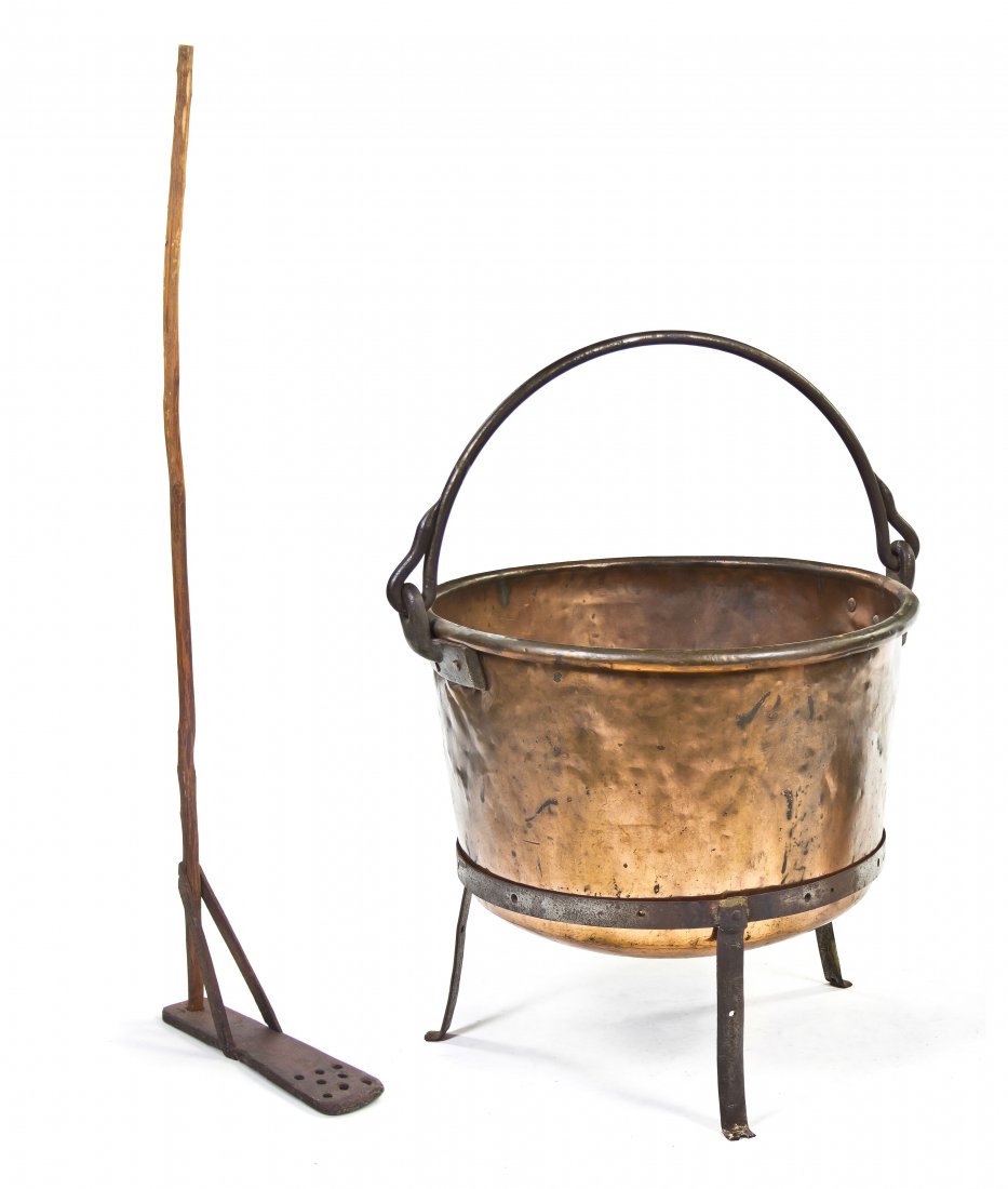 228 A Copper Kettle and Wood Apple Butter Stirrer, Dia
