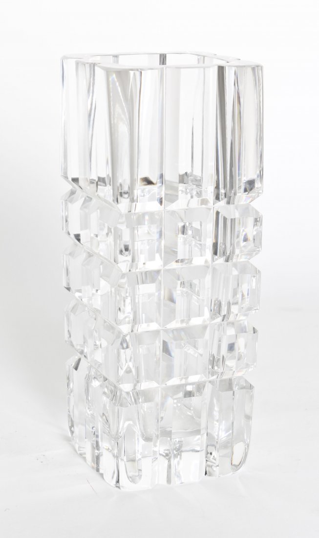 An Orrefors Glass Vase, Height 8 1/2 inches.: An Orrefors Glass Vase, of square form with etched geometric decoration. Height 8 1/2 inches.