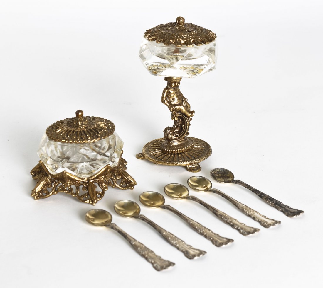 A Collection of Six American Sterling Silver Salt : A Collection of Six American Sterling Silver Salt Spoons, Gorham, in the Buttercup pattern, with gilt bowls, together with two gilt metal and glass salt cellars; approximate total weighable .82 ozt. H