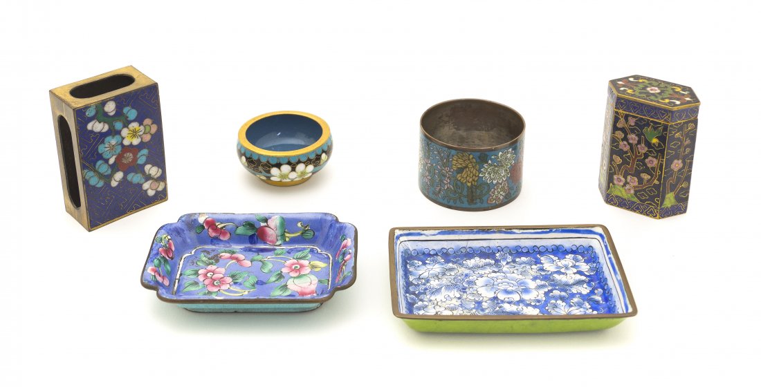 A Group of Six Cloisonne Articles, Height of first: A Group of Six Cloisonne Articles, including a match safe, a lidded hexagonal match box with marking to bottom, a napkin ring, a salt cellar and two rectangular diminutive plates. Height of first 2 1/