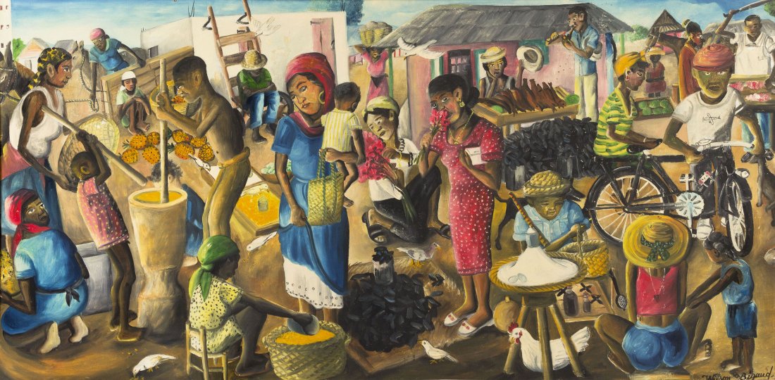 Wilson Bigaud, (Haitian, 1931-2010), The Market: Wilson Bigaud (Haitian, 1931-2010) The Market oil on canvas signed Wilson Bigaud (lower right) 24 x 48 inches.