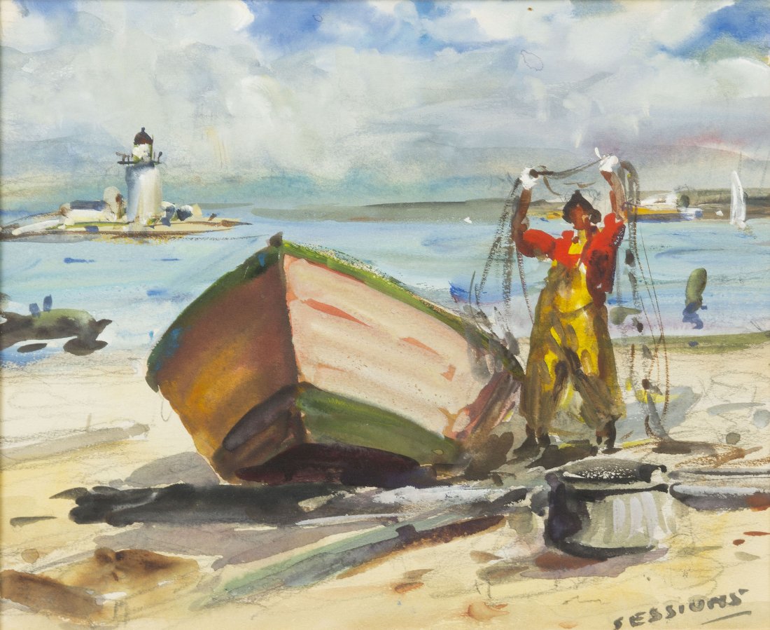 James Milton Sessions, (American, 1882-1962), Read: James Milton Sessions (American, 1882-1962) Readying the Nets watercolor signed Sessions (lower right) 8 x 9 1/2 inches.