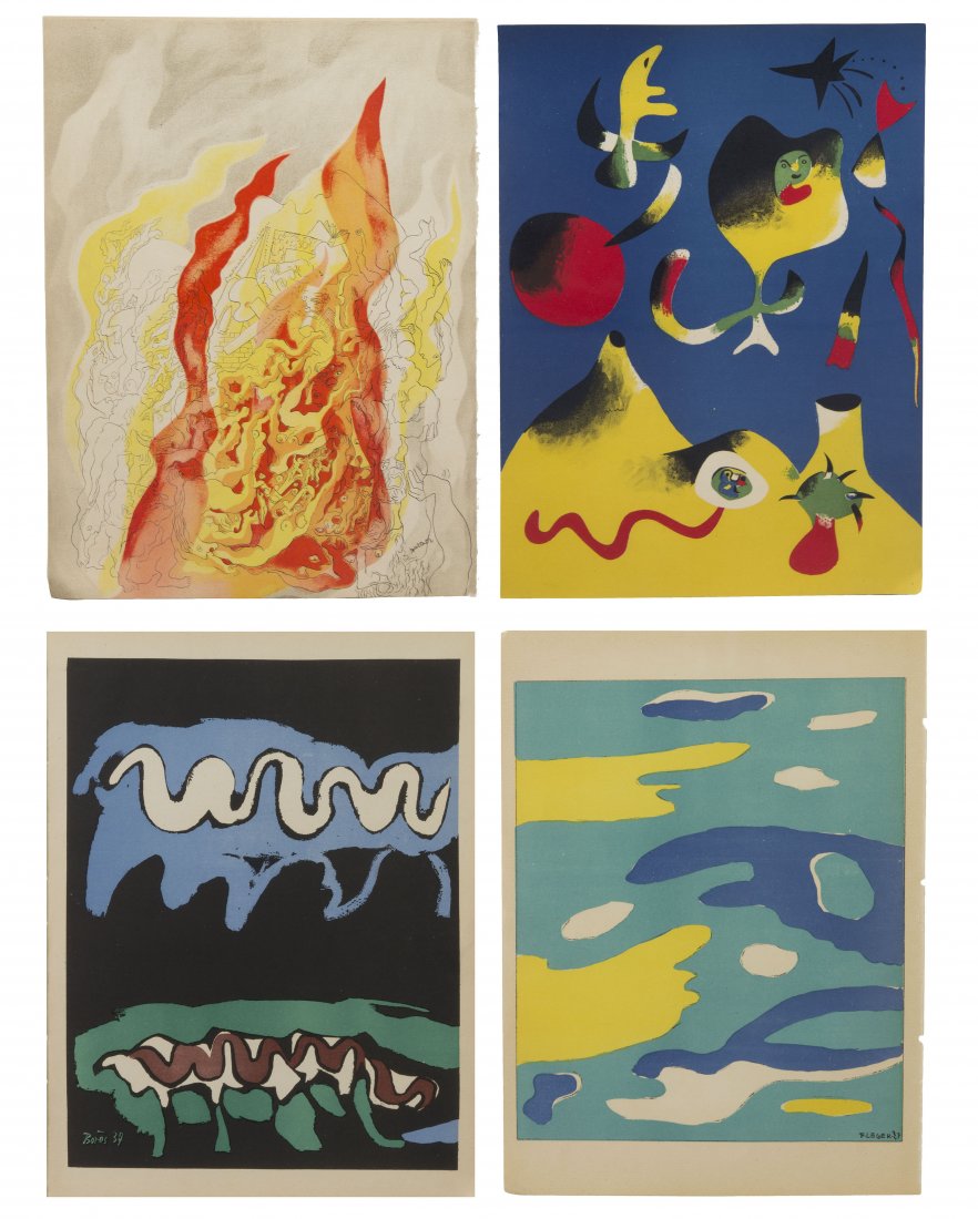 Joan Miro, Fernand Leger, Abraham Rattner, and Fra: Joan Miro, Fernand Leger, Abraham Rattner, and Francisco Bores (20th century) Wind, Water, Fire, and Earth (four works from Verve no. 1) lithographs 13 3/4 x 10 inches.