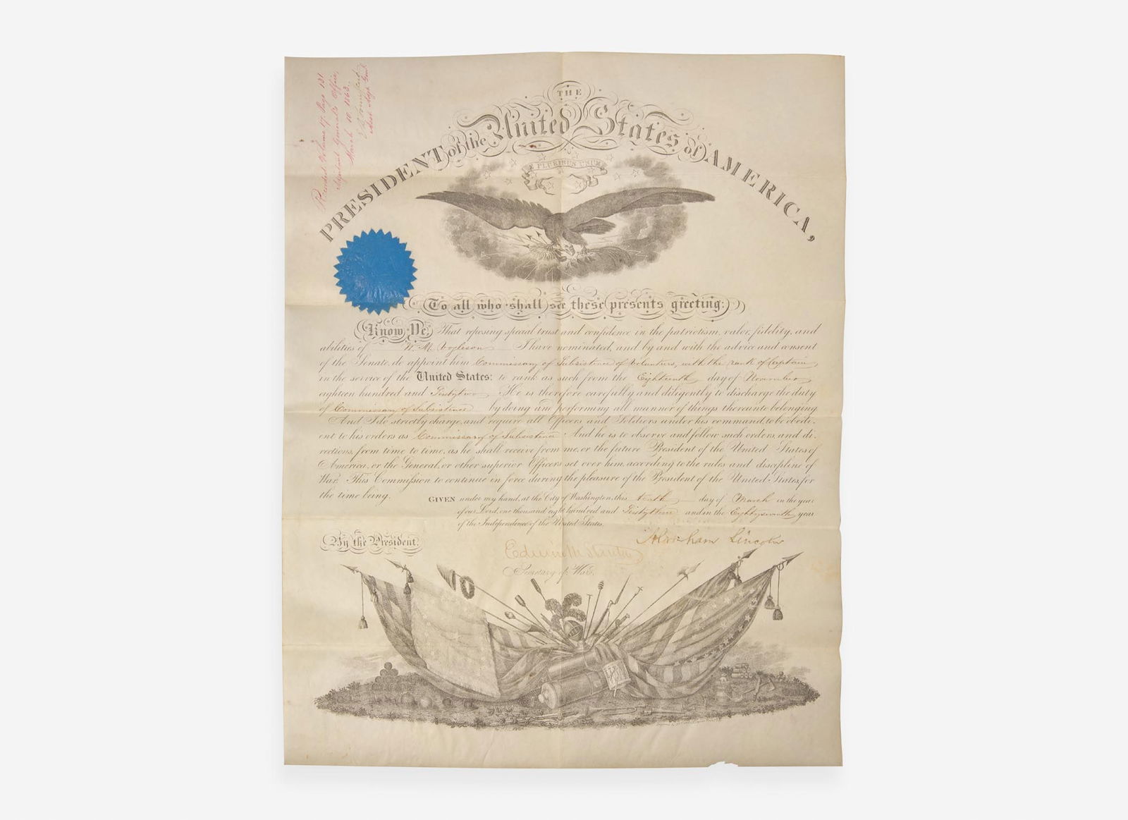 [Presidential] Lincoln, Abraham: Signed Military Commission (1 of 2)