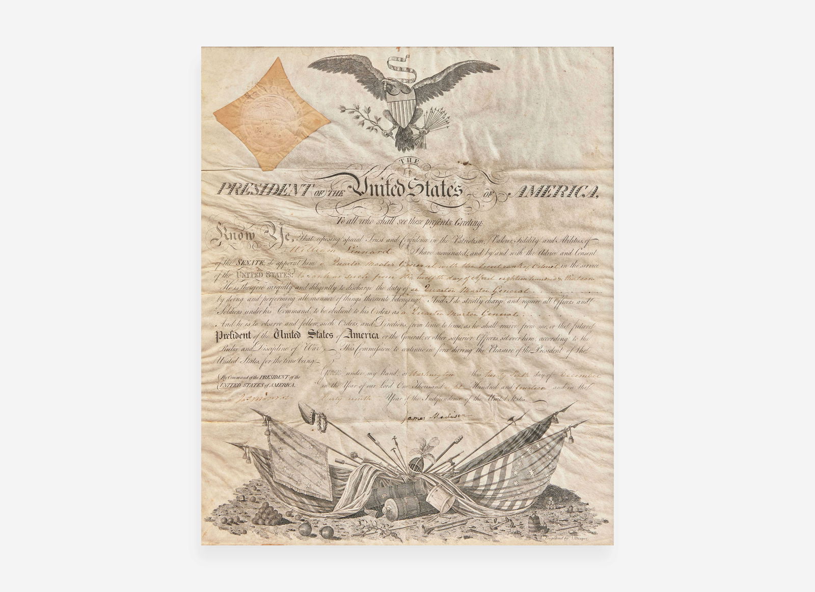 [Presidential] Monroe, James, and James Madison: Partially-Printed Military Commission, signed (1 of 2)