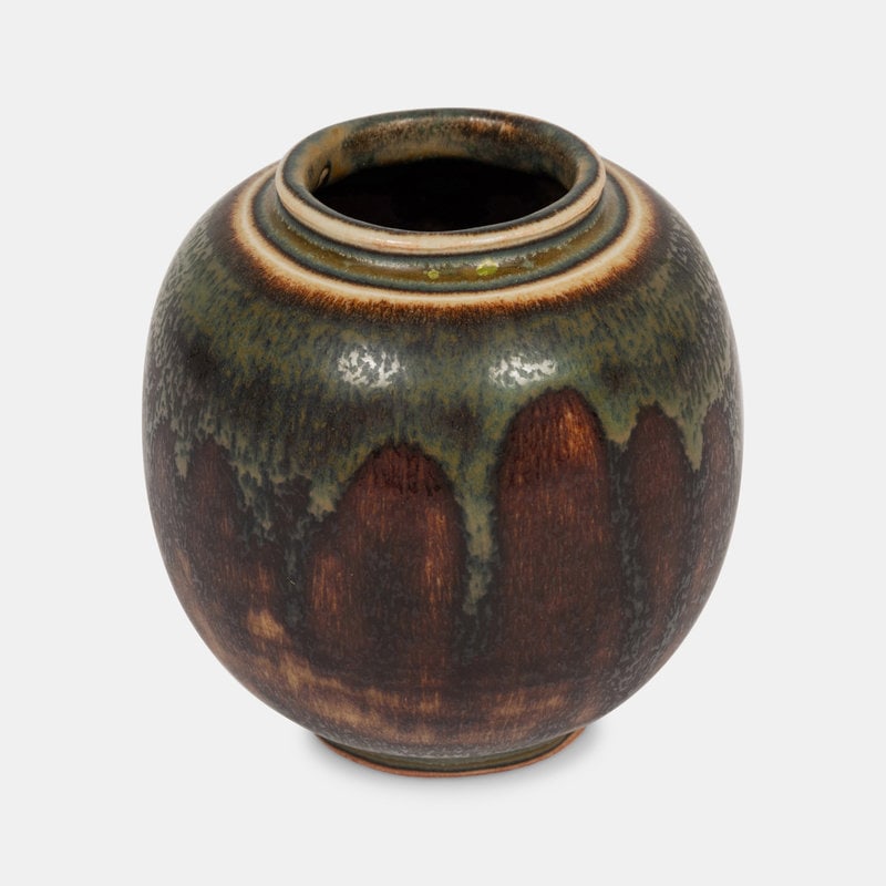 Carl Halier (Danish, 1873-1948) Vessel: Carl Halier (Danish, 1873-1948) Vessel glazed stoneware with artist monogram H 3 1/2 x Dia 3 1/2 inches. This lot is located in Chicago. The Collection of Philip and Judith Sieg, Bellefonte, Pennsylva