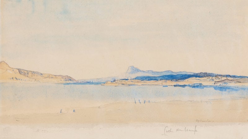 Sir David Young Cameron (British, 1865-1945) Loch Nan Uamh (West Coast of Scotland), c. 1910: Sir David Young Cameron (British, 1865-1945) Loch Nan Uamh (West Coast of Scotland), c. 1910 watercolor and graphite on paper signed D.Y. Cameron and titled (lower right) 7 1/4 x 11 inches.</