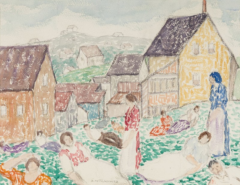 Abraham Walkowitz (American, 1878–1965) Women and Houses: Abraham Walkowitz (American, 1878–1965) Women and Houses watercolor and charcoal on paper signed A. Walkowitz (lower center) 14 3/8 x 18 3/8 inches. This lot is locate