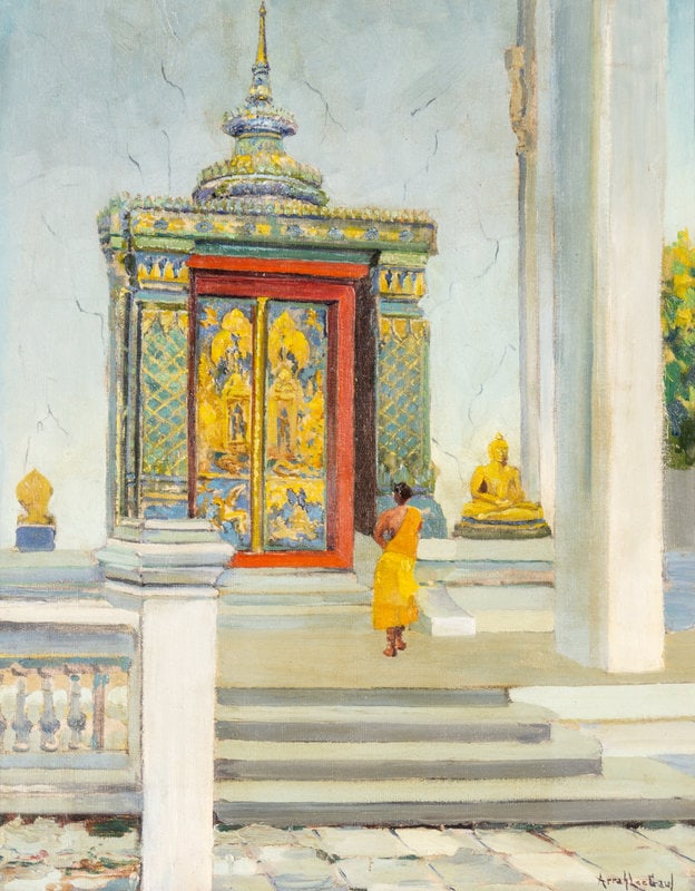 Arrah Lee Gaul (American, 1883-1980) Buddhist Temple, Bangkok: Arrah Lee Gaul (American, 1883-1980) Buddhist Temple, Bangkok oil on canvas signed Arrah Lee Gaul (lower right) 20 x 16 inches. This lot is located in Chicago. Size 20 x