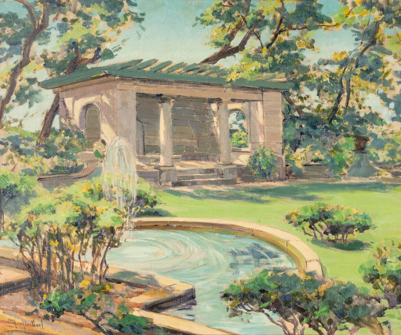 Arrah Lee Gaul (American, 1883-1980) Garden of the Phillipine-Mission, Tokyo: Arrah Lee Gaul (American, 1883-1980) Garden of the Phillipine-Mission, Tokyo oil on canvas signed Arrah Lee Gaul (lower left) 25 x 30 inches. This lot is located in Chicago.