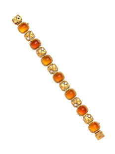 EDWARD EVERETT OAKES, ARTS & CRAFTS, YELLOW GOLD, CITRINE AND DIAMOND BRACELET: EDWARD EVERETT OAKES, ARTS & CRAFTS, YELLOW GOLD, CITRINE AND DIAMOND BRACELET Consisting of handwrought links measuring approximately 16.00-19.00 mm wide, containing cushion cabochon citrines and