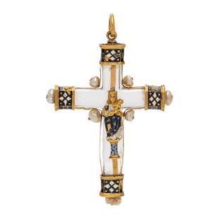 RENAISSANCE, YELLOW GOLD, ROCK CRYSTAL, PEARL AND ENAMEL CROSS PENDANT: RENAISSANCE, YELLOW GOLD, ROCK CRYSTAL, PEARL AND ENAMEL CROSS PENDANT Consisting of a carved rock crystal cross, centered by an enameled Virgin Mary and Christ Child, with enameled endcaps