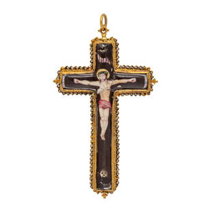 RENAISSANCE, YELLOW GOLD AND ENAMEL CROSS PENDANT: RENAISSANCE, YELLOW GOLD AND ENAMEL CROSS PENDANT Consisting of a porcelain cross depicting the crucifixion and the Virgin Mary on the reverse, in an enameled gold wirework surround. Mounted in 18