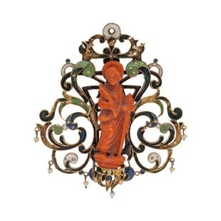 RENAISSANCE, CORAL, SEED PEARL AND POLYCHROME ENAMEL PENDANT: RENAISSANCE, CORAL, SEED PEARL AND POLYCHROME ENAMEL PENDANT Consisting of a polychrome enamel scroll motif plaque with an applied carved coral figure and seed pearl drops. Mounted in 14 karat gold.