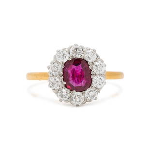 TIFFANY & CO., ANTIQUE, RUBY AND  DIAMOND RING: TIFFANY & CO., ANTIQUE, RUBY AND DIAMOND RING Containing one oval mixed cut ruby measuring approximately 6.45 x 5.40 x 2.50 mm and ten old European cut diamonds weighing approximately 0.70 carat total