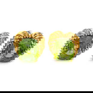 VERDURA, YELLOW GOLD, PERIDOT AND YELLOW DIAMOND EARCLIPS: VERDURA, YELLOW GOLD, PERIDOT AND YELLOW DIAMOND EARCLIPS Containing two cushion cut peridot and numerous round brilliant cut yellow diamonds (origin of color not tested) weighing approximately 1.50 c