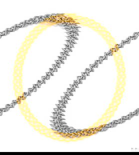 BUCCELLATI, YELLOW GOLD ‘CREPE DE CHINE’ NECKLACE: BUCCELLATI, YELLOW GOLD ‘CREPE DE CHINE’ NECKLACE In a woven design measuring approximately 12.00 mm wide, with integrated clasp. 16 inches long. Stamp: 750 (Italian hallmark). Engraved: B