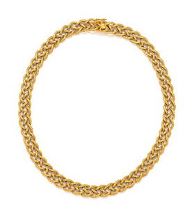 BUCCELLATI, YELLOW GOLD &#8216;CREPE DE CHINE&#8217; NECKLACE: BUCCELLATI, YELLOW GOLD &#8216;CREPE DE CHINE&#8217; NECKLACE In a woven design measuring approximately 12.00 mm wide, with integrated clasp. 16 inches long. Stamp: 750 (Italian hallmark). Engraved: B