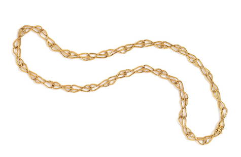 BUCCELLATI, YELLOW GOLD LONGCHAIN NECKLACE: BUCCELLATI, YELLOW GOLD LONGCHAIN NECKLACE Consisting of fancy rope motif links measuring approximately 10.00 mm wide. 18 karat yellow gold. 32 1/2 inches long. Stamp: M. BUCCELLATI 750 (Italian hallm
