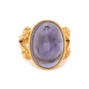 ELIZABETH LOCKE, YELLOW GOLD AND AMETHYST RING: ELIZABETH LOCKE, YELLOW GOLD AND AMETHYST RING Containing one oval cabochon amethyst measuring approximately 17.85 x 12.85 x 8.05 mm. Mounted in 18 karat yellow gold. Ring size 6 1/2. Stamp: 18K (make