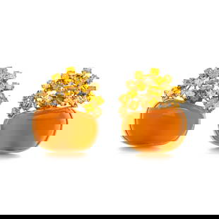 ANDREW CLUNN, YELLOW GOLD AND MULTIGEM EARCLIPS: ANDREW CLUNN, YELLOW GOLD AND MULTIGEM EARCLIPS Containing organic tumbled carnelian agates with square and rectangular step cut orange and yellow citrine, posts with clip backs. Mounted in 18 karat y